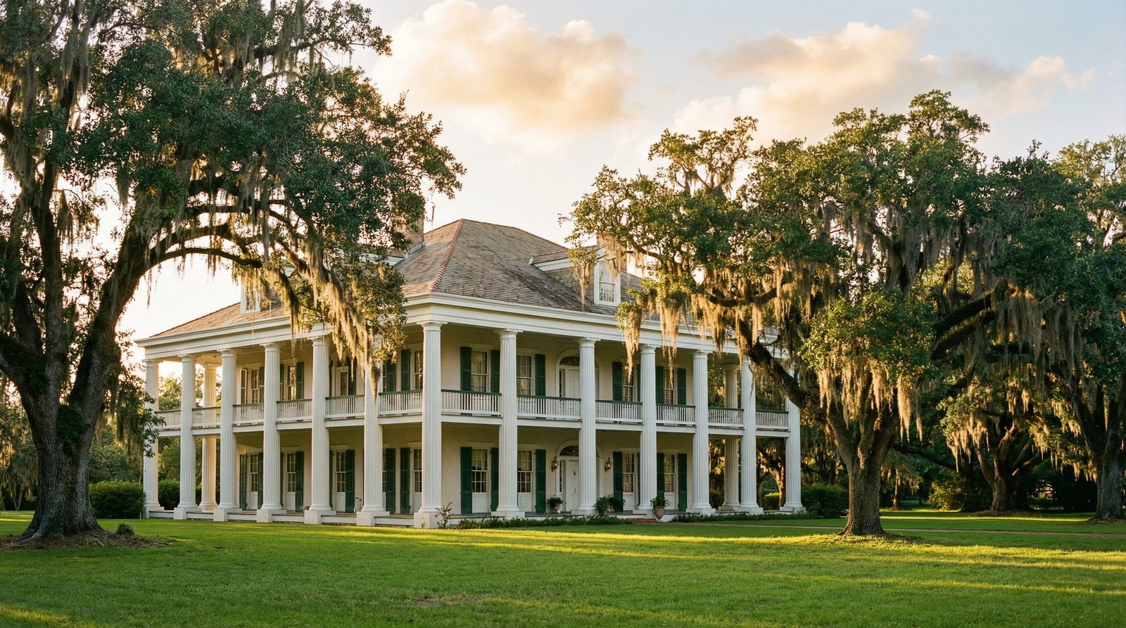 Destrehan Plantation mansion at golden hour with live oak trees and Spanish moss